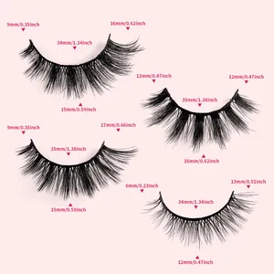 Set of 4 styles black 3D false eyelashes with detailed length and width measurements