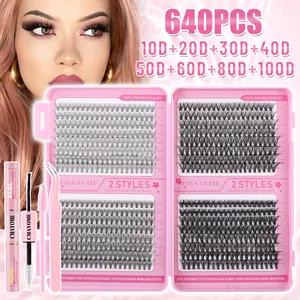 Cluster Lashes Kit D Curl Mixed Density Synthetic Fiber DIY False Eyelashes With Dual Ended Lash Glue Tweezers For Women