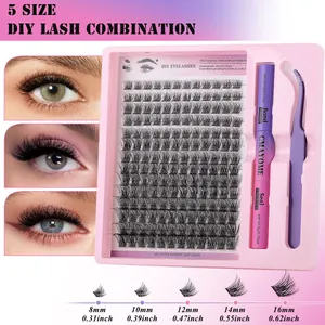 DIY eyelash extension kit with C-curl clusters, bond, seal, and purple tweezers