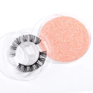 Natural thick curly false eyelashes in a round pink glitter storage case for women