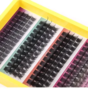 Detail view of 4 styles cluster lashes in a vibrant colorful multi-style packaging tray
