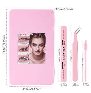 Detailed dimensions of pink DIY lash extension kit with storage case, bond, and tweezers