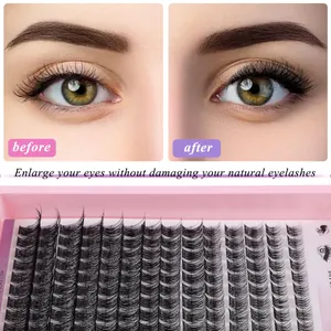 DIY cluster lashes set with C-curl natural volume and before-after application effect