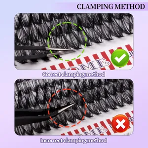 Guide for clamping individual eyelash extensions with tweezers on purple background