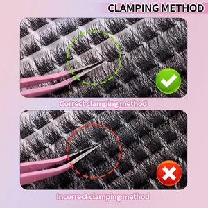 3D individual eyelash cluster set with pink tweezers showing correct clamping method