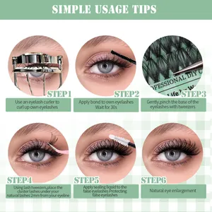 DIY cluster lash extension kit guide showing 6 steps for applying natural curly eyelashes