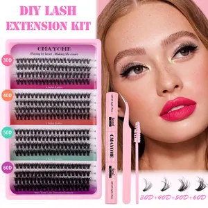 DIY lash extension kit with 30D-60D cluster lashes, glue, tweezers and mascara wand