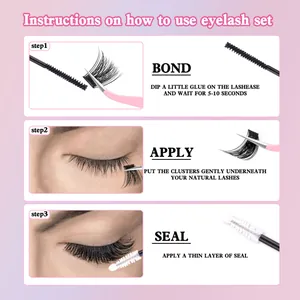 DIY eyelash extension kit tutorial showing bond, apply, and seal steps with tools