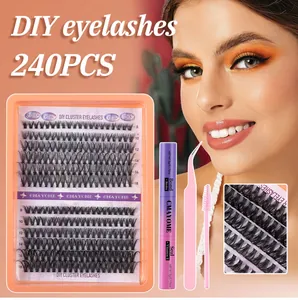 Macro detail of 240 clusters fluffy eyelash extensions with DIY kit and bond seal glue