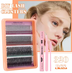 Detalle del kit de 320 grupos de pestañas DIY con adhesivo, pinzas y varias tallas