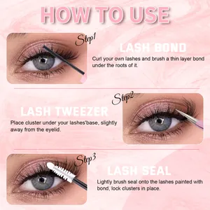 Three-step DIY lash extension kit guide featuring bond, tweezers, and seal instructions