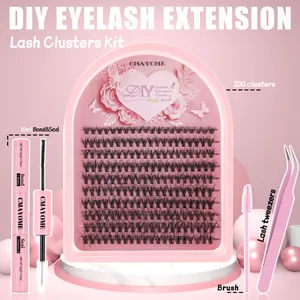 Kit d'extension de cils DIY avec 200 bouquets, colle et accessoires roses complets