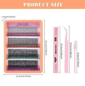 Vista detallada del kit de extensión de pestañas DIY con pegamento, sellador y pinzas
