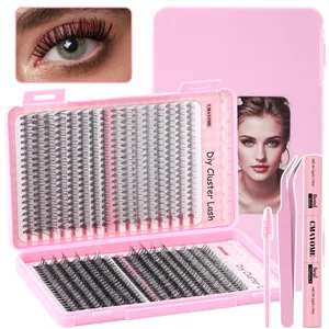 DIY eyelash extension kit with D curl cluster lashes, tweezers and glue in pink case