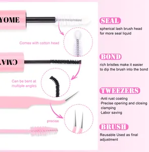 Detail view of pink DIY lash extension tools including bond, seal, tweezers and brush