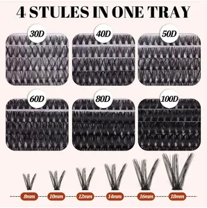 Detail guide showing 30D-100D density and 8mm-18mm length of cluster eyelash extensions