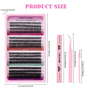Detailed size chart of DIY eyelash extension kit including 320 clusters and tools