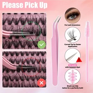 Détail du set de pince à épiler rose courbée et brosse pour faux cils individuels DIY