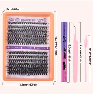 Detailed view of DIY eyelash cluster kit with dimensions of lashes, glue, and tweezers