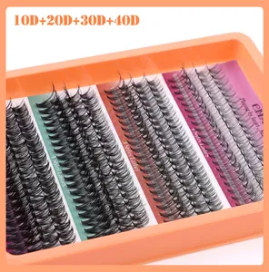 Primer plano detallado de extensiones de pestañas individuales D-curl en estilos 10D-40D