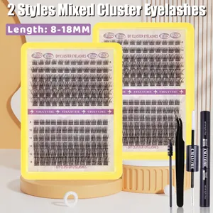 Macro view of DIY cluster lashes kit with bond, seal, tweezers, and 8-18mm lash extensions