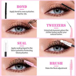 Detail of DIY eyelash extension kit including bond, seal, tweezers, and brush