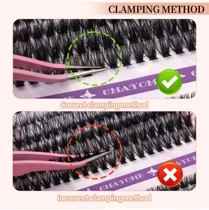Macro view showing the correct way to pick up individual cluster lashes with pink tweezers