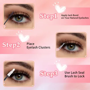 Guide d'application de faux cils DIY en 3 étapes avec colle, grappes et brosse de scellage