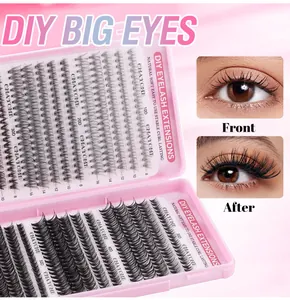 Macro detail of DIY lash extensions set showing 8mm to 16mm length and 10D to 50D density