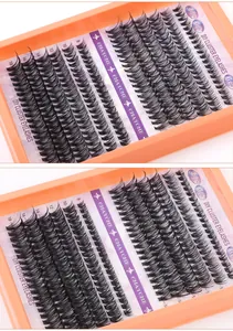 Detailed view of DIY cluster lashes set with lengths from 8mm to 18mm on orange tray