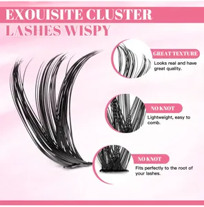 Detailed view of wispy cluster eyelashes with professional no-knot seamless band design
