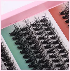 Macro view of 320 cluster lash extensions with D-curl fibers on gradient card