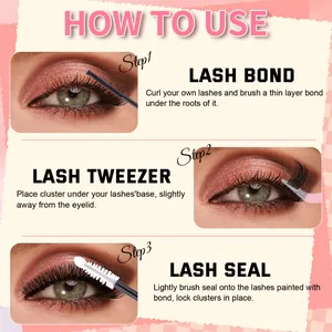 Three-step DIY eyelash cluster kit guide showing bond application, tweezers, and seal