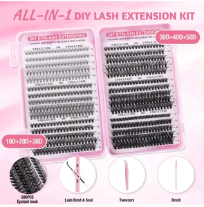 DIY eyelash extension kit with pink storage case, 600 clusters and essential tools