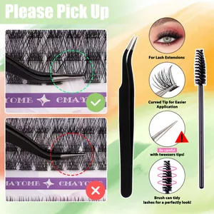 Lash extension kit detail featuring curved tweezers and spoolie brush for DIY cluster lashes