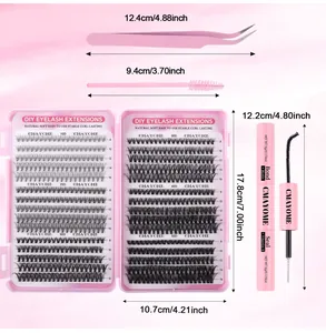 Detailed size chart for DIY eyelash extension kit including 10D-50D clusters and tools