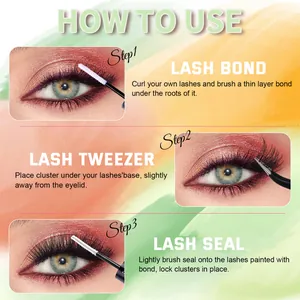 Three-step application guide for lash clusters using bond, seal, and applicator tweezers