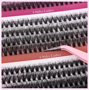 Detail of 320 cluster lash extension kit with pink tweezers and four natural styles