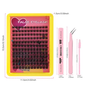 Detailed kit dimensions showing lashes, bond, seal, tweezers, and brush measurements