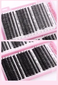 Detail view of mixed cluster eyelashes tray with 30D to 100D volume and 8-16mm length options