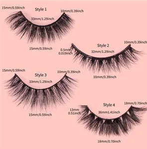Detailed size guide showing lengths and widths for various false eyelash styles
