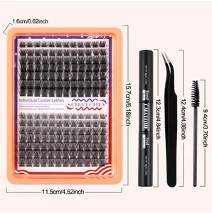 Detailed measurements of DIY lash cluster kit including lashes, bond & seal, and tweezers