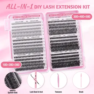 600pcs DIY cluster eyelash extensions kit with 10D-50D volume lashes and bond seal