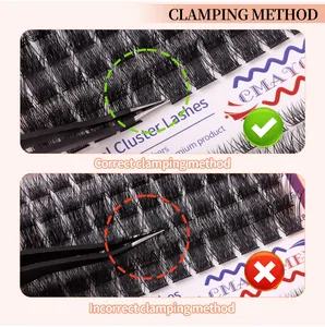 Macro view showing correct root clamping method for black cluster eyelash extensions