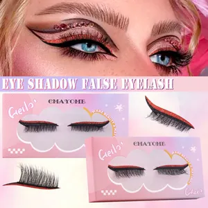 Close-up of sparkling red glitter eyeliner stickers with voluminous false eyelashes