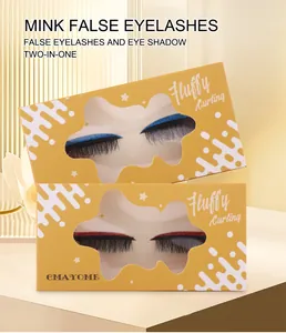 Detail of colorful mink false eyelashes with blue and red glitter eyeshadow band