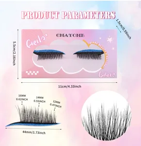 Detailed view of self-adhesive eyelashes with blue glitter eyeliner and size measurements
