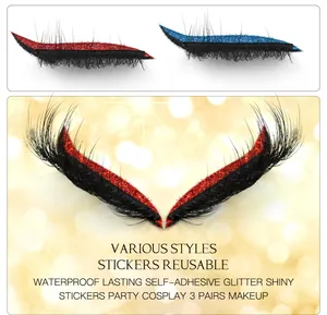 Waterproof self-adhesive glitter eyelashes set with red and blue sparkles for cosplay