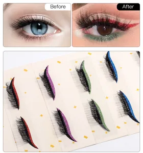Detail of colorful glitter eyeliner stickers with thick curly false eyelashes set