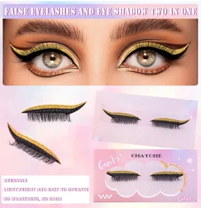 Detail of 2-in-1 reusable gold glitter eyeliner stickers with thick false eyelashes